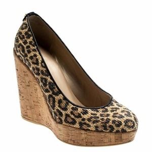 Stuart Weitzman Animal Print Leopard Raffia Corkswoon Pump Cork Wedge Ch…